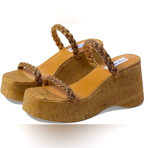 Steve Madden Danya Cork Wedge Sandals Bronze Rhinestone Braided Straps - Picture 1 of 11